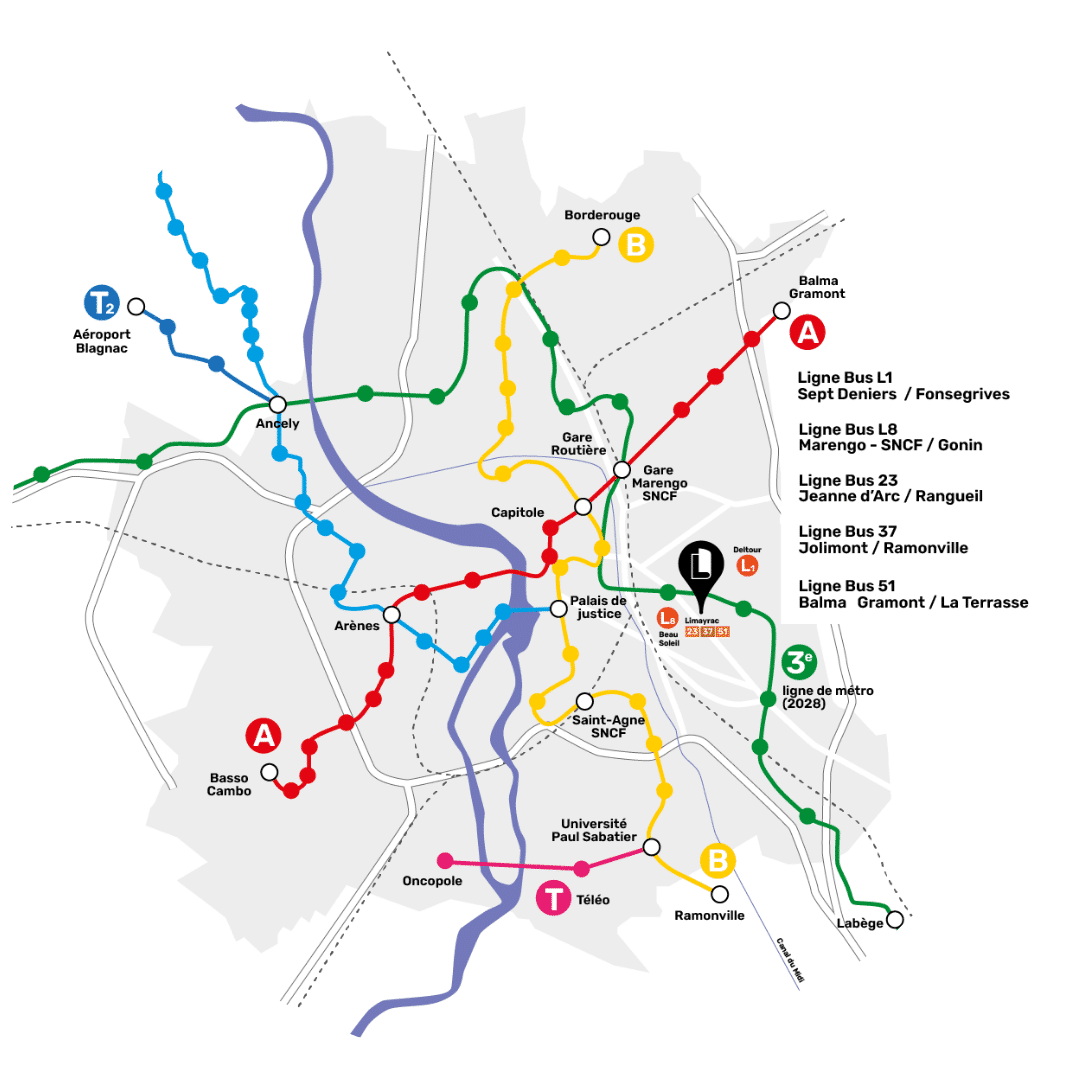 Plan de toulouse stylisé présentant l'Institut Limayrac et ses accès en transports en commun