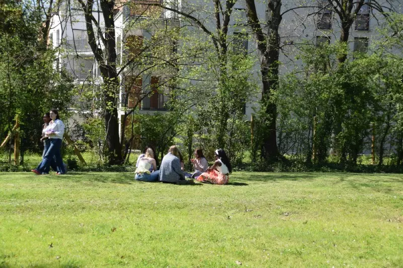 Étudiants assis dans le parc du campus de l'Institut Limayrac