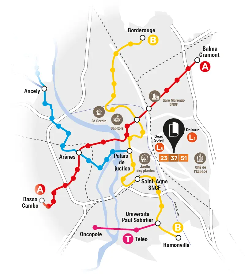 Plan de Toulouse avec lignes de transports pour se rendre à l'Institut Limayrac